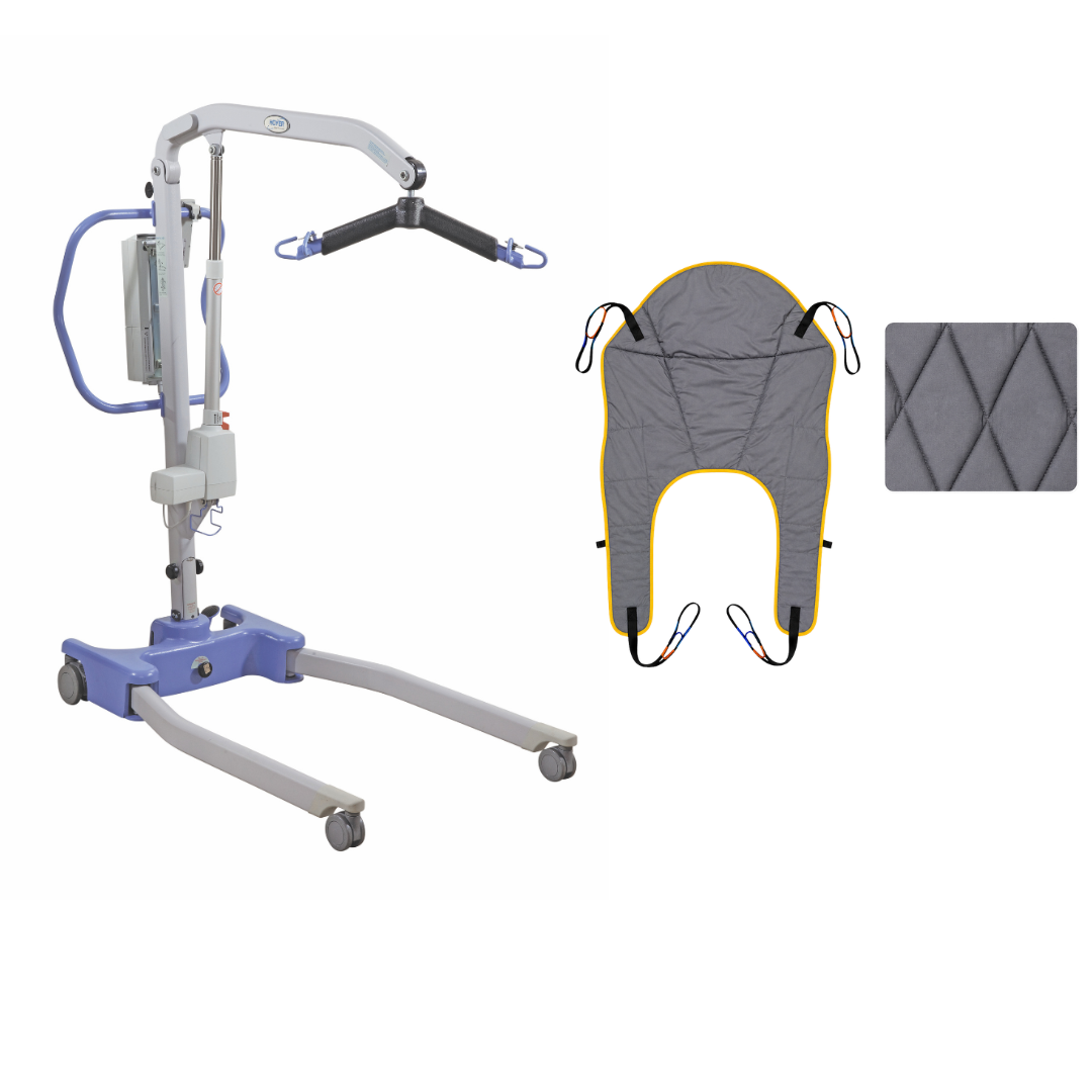 A Joerns Hoyer Advance Professional Electric Patient Lift, featuring a blue and gray frame, a gray sling, and a gray padded accessory, is displayed against a white background to highlight its compact patient transfer capabilities.